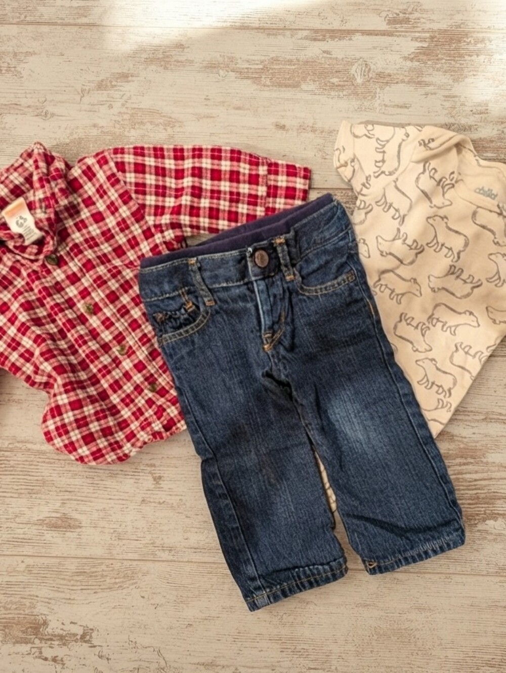GAP 6-9M Plaid Shirt, Dinosaur Onesie, and Denim Jeans Set
